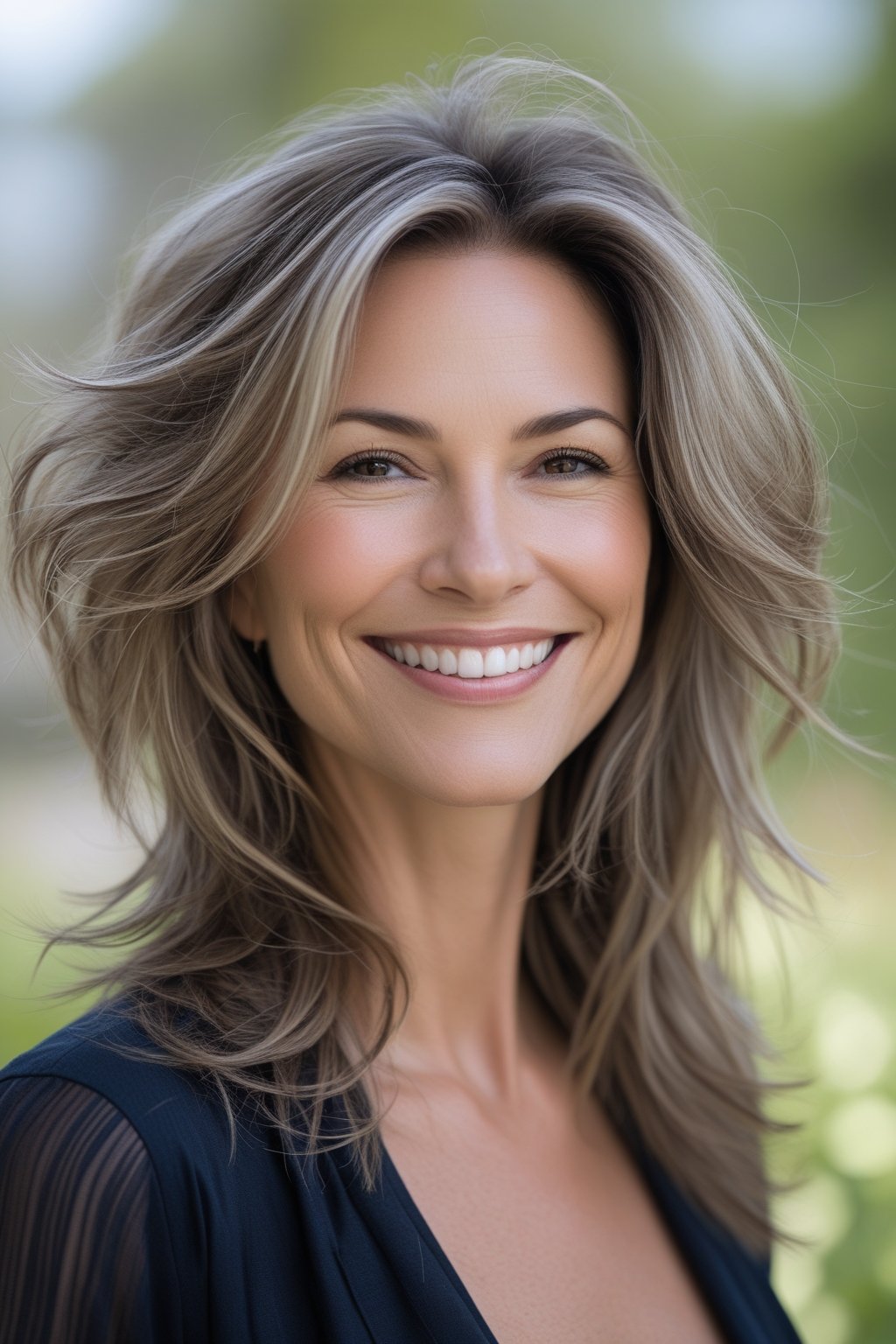 Headshot of a smiling woman outdoors with layered long hair and natural background.