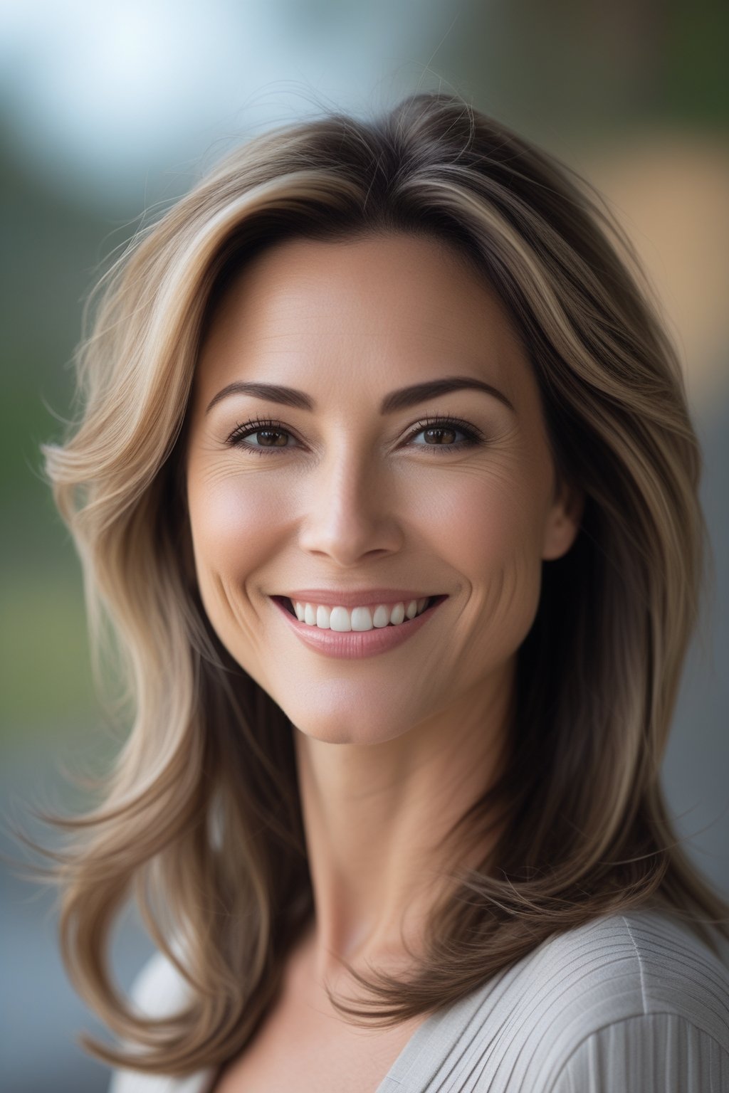 Smiling woman outdoors with long wavy hair and layered ends, facing the camera in a natural setting.