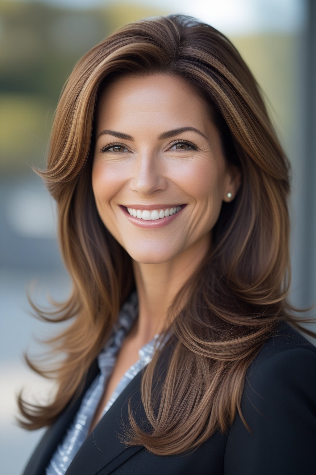 Headshot of a smiling woman with layered brown hair outdoors.
