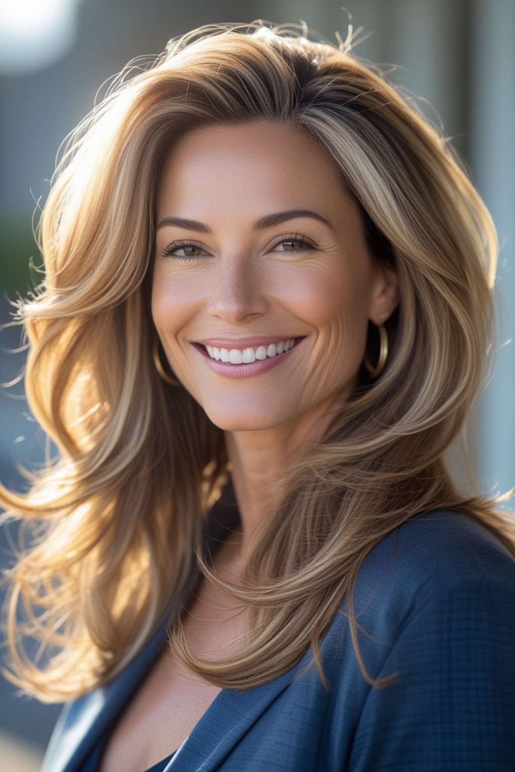 Smiling woman with layered long hair and sun-kissed highlights outdoors.