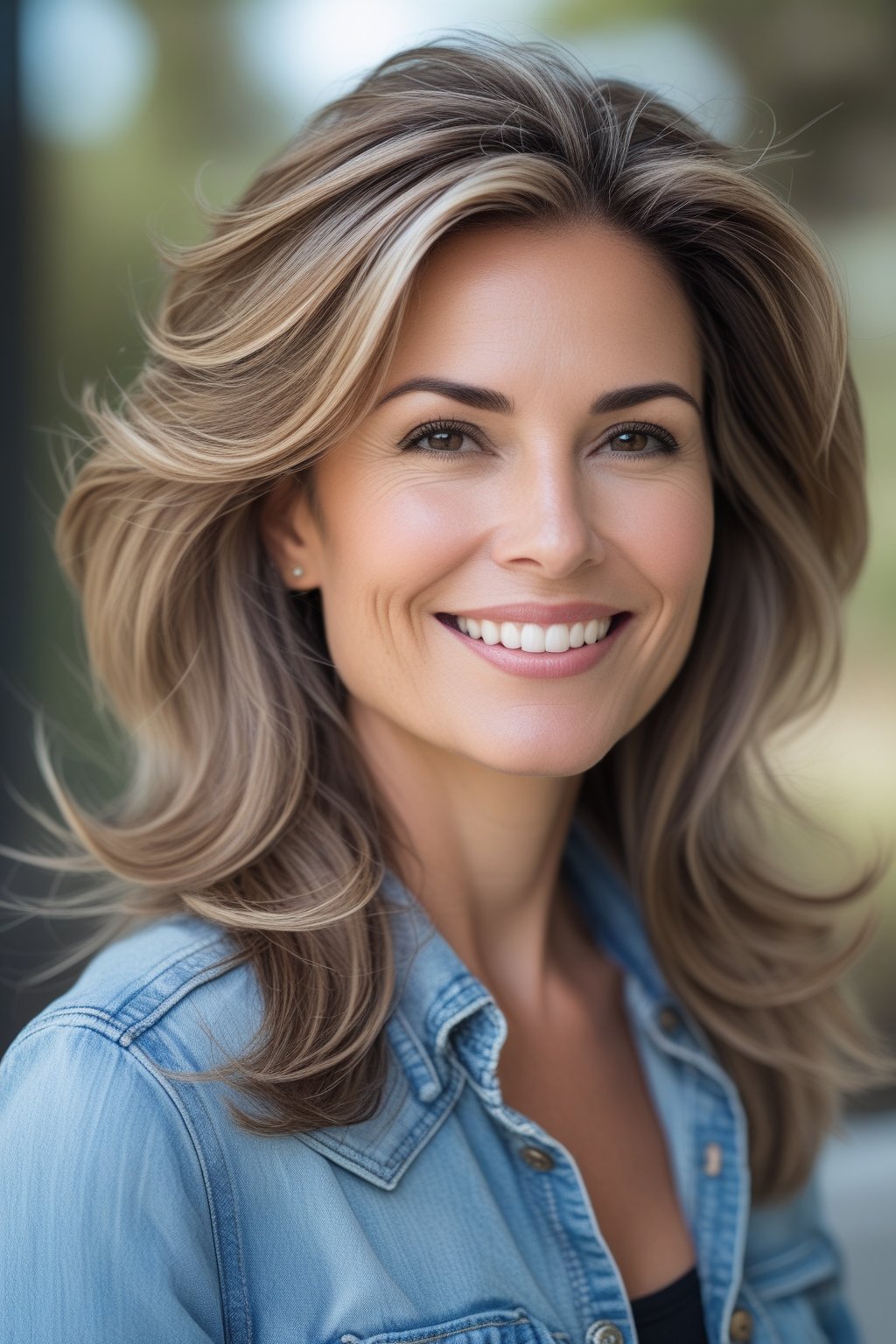 Headshot of a smiling woman outdoors with layered long hair and a natural expression.