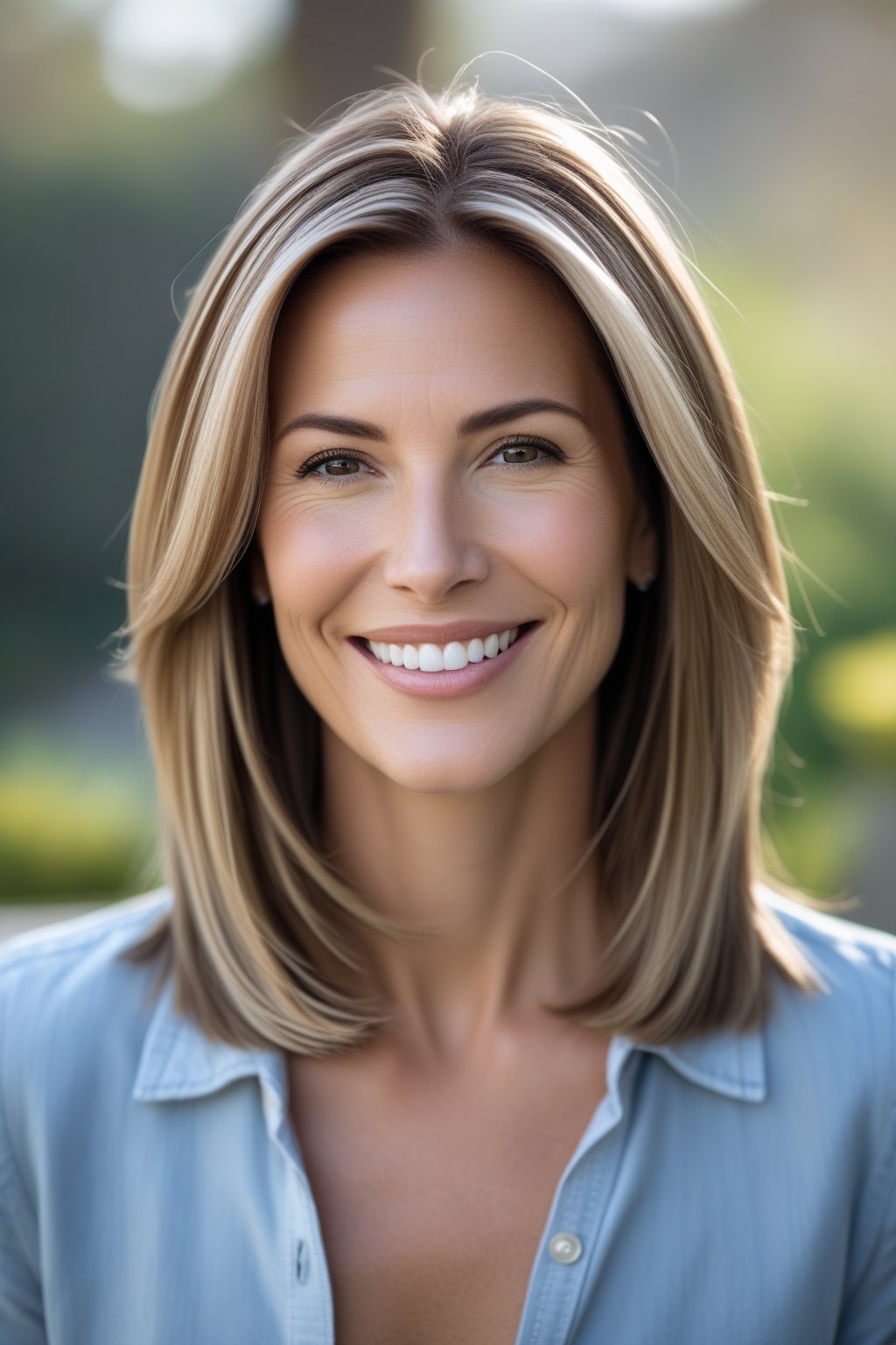 Headshot of a smiling woman outdoors with layered straight hair and natural skin tone.