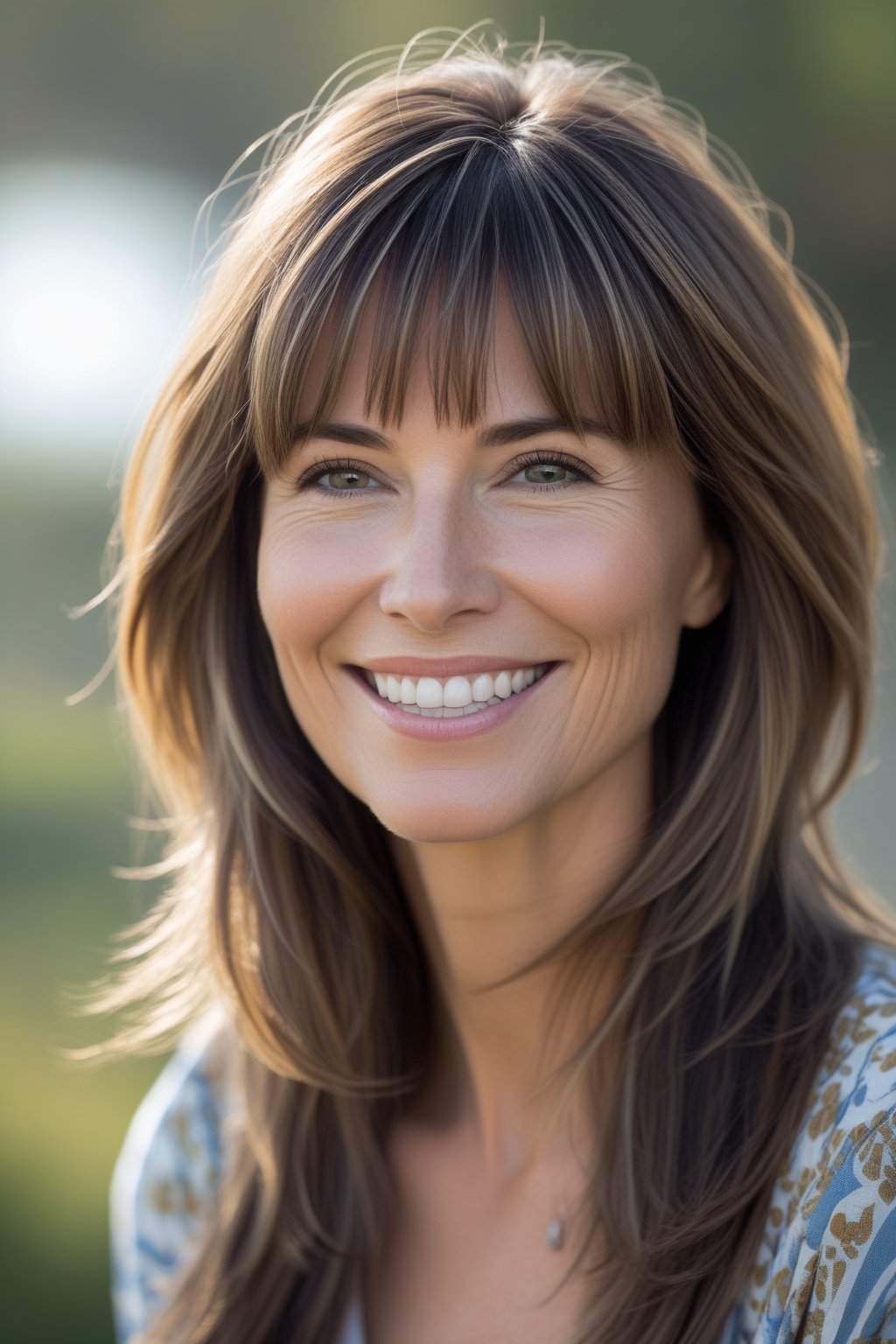 Headshot of a smiling woman outdoors with long layered hair and blunt bangs.