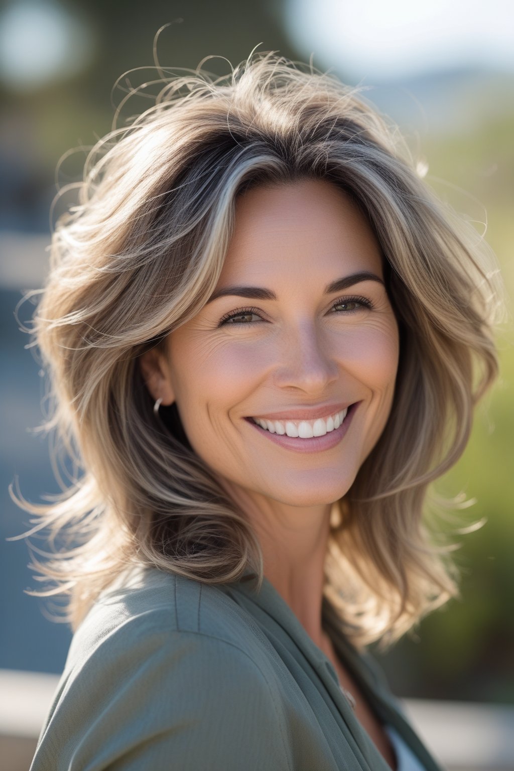 Smiling woman with long layered hair standing outdoors with a blurred natural background.
