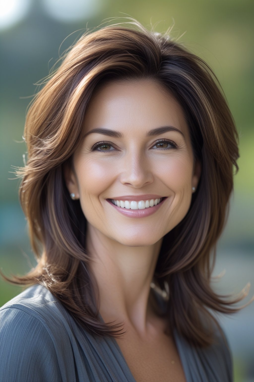 Headshot of a smiling woman outdoors with layered long brown hair and natural skin tone.