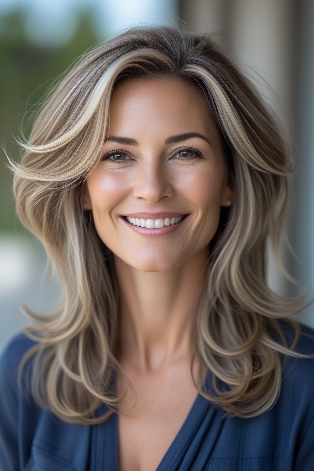 Headshot of a smiling woman outdoors with layered long wavy hair and natural skin tone.
