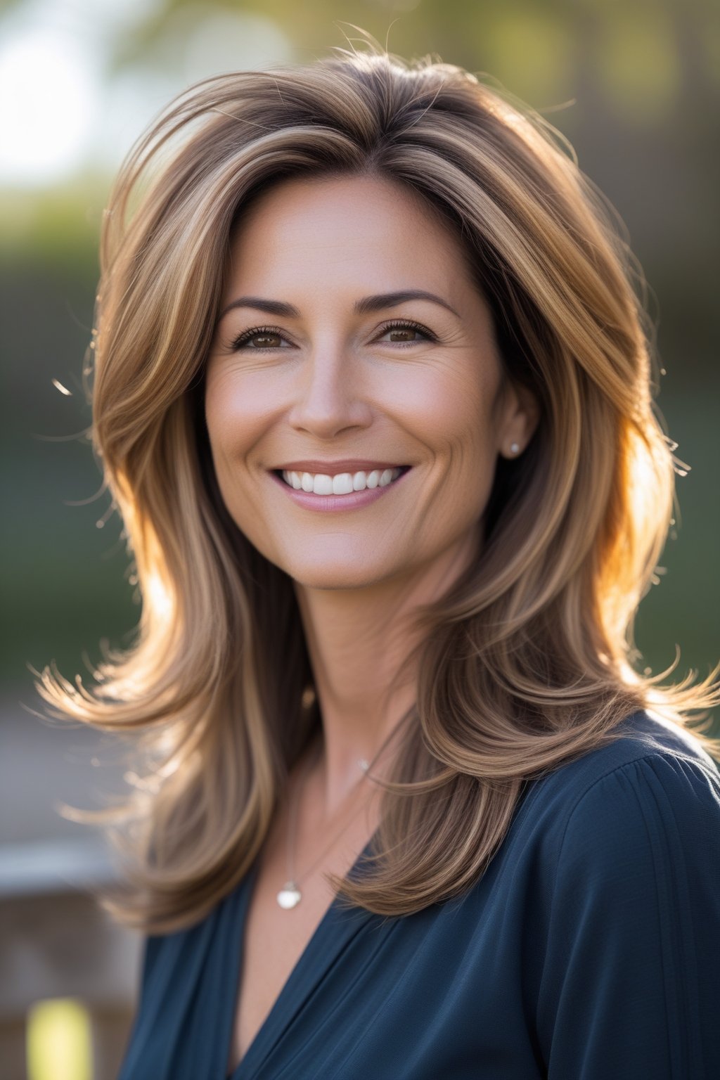 Headshot of a smiling woman outdoors with layered long hair and caramel highlights.