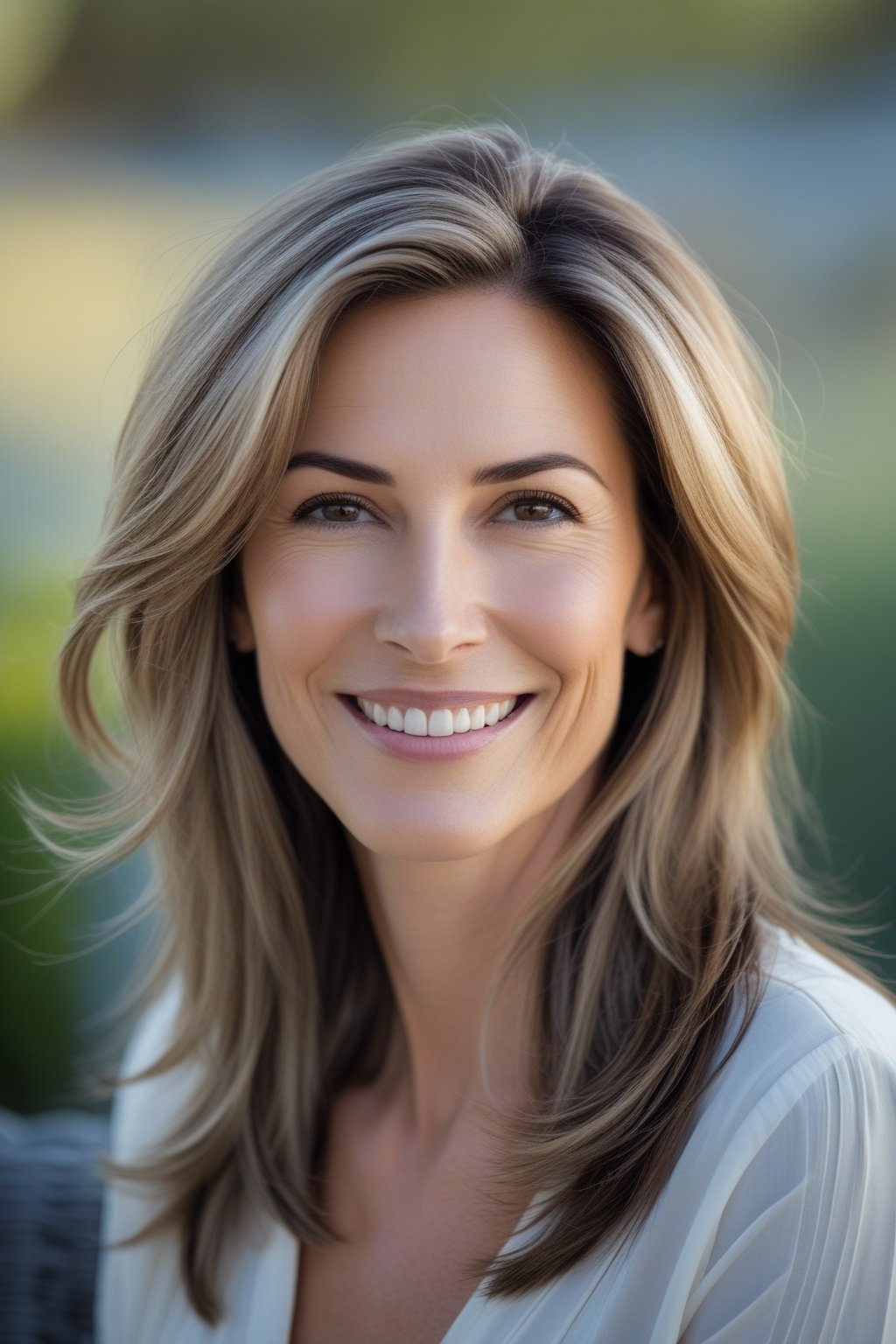 Headshot of a smiling woman outdoors with layered long hair and natural skin tone.