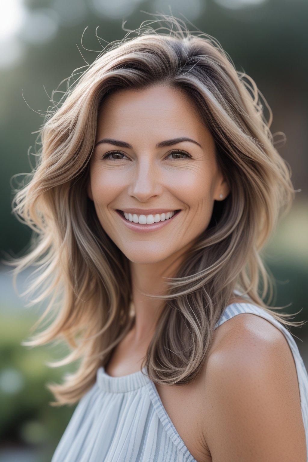 Headshot of a smiling woman outdoors with long layered hair and a natural background.