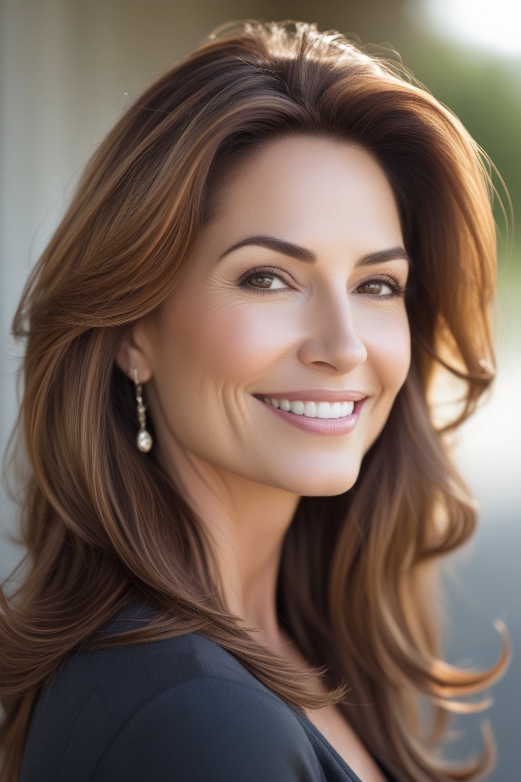 Headshot of a smiling woman outdoors with warm brown layered long hair and a natural background.