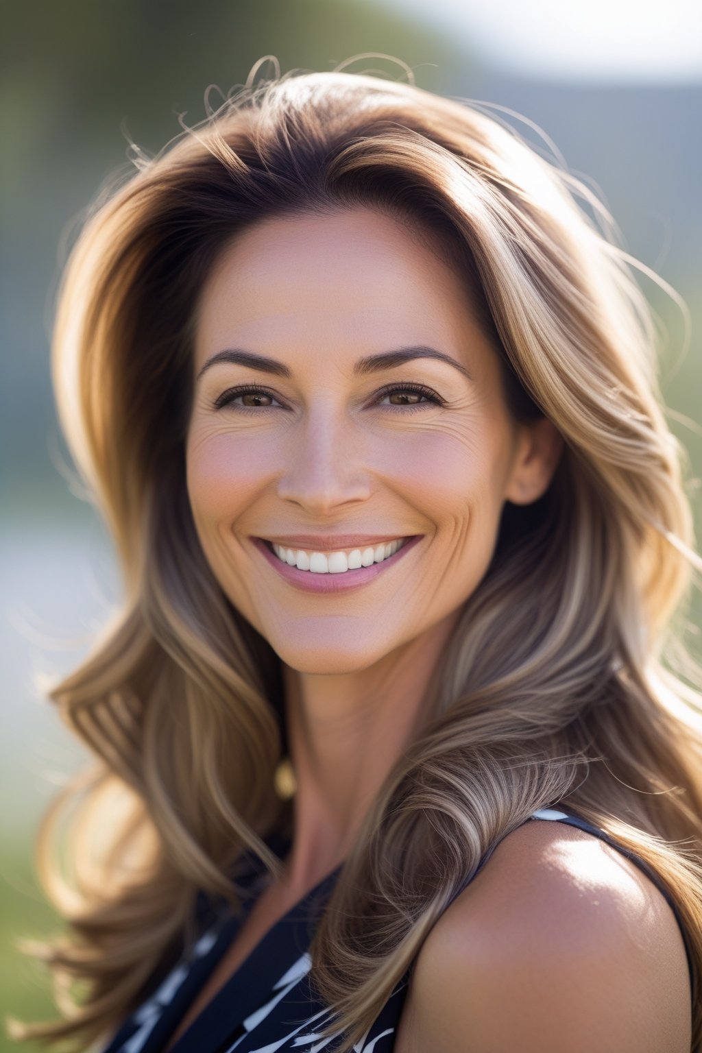 Headshot of a smiling woman outdoors with long wavy layered hair and natural skin tone.