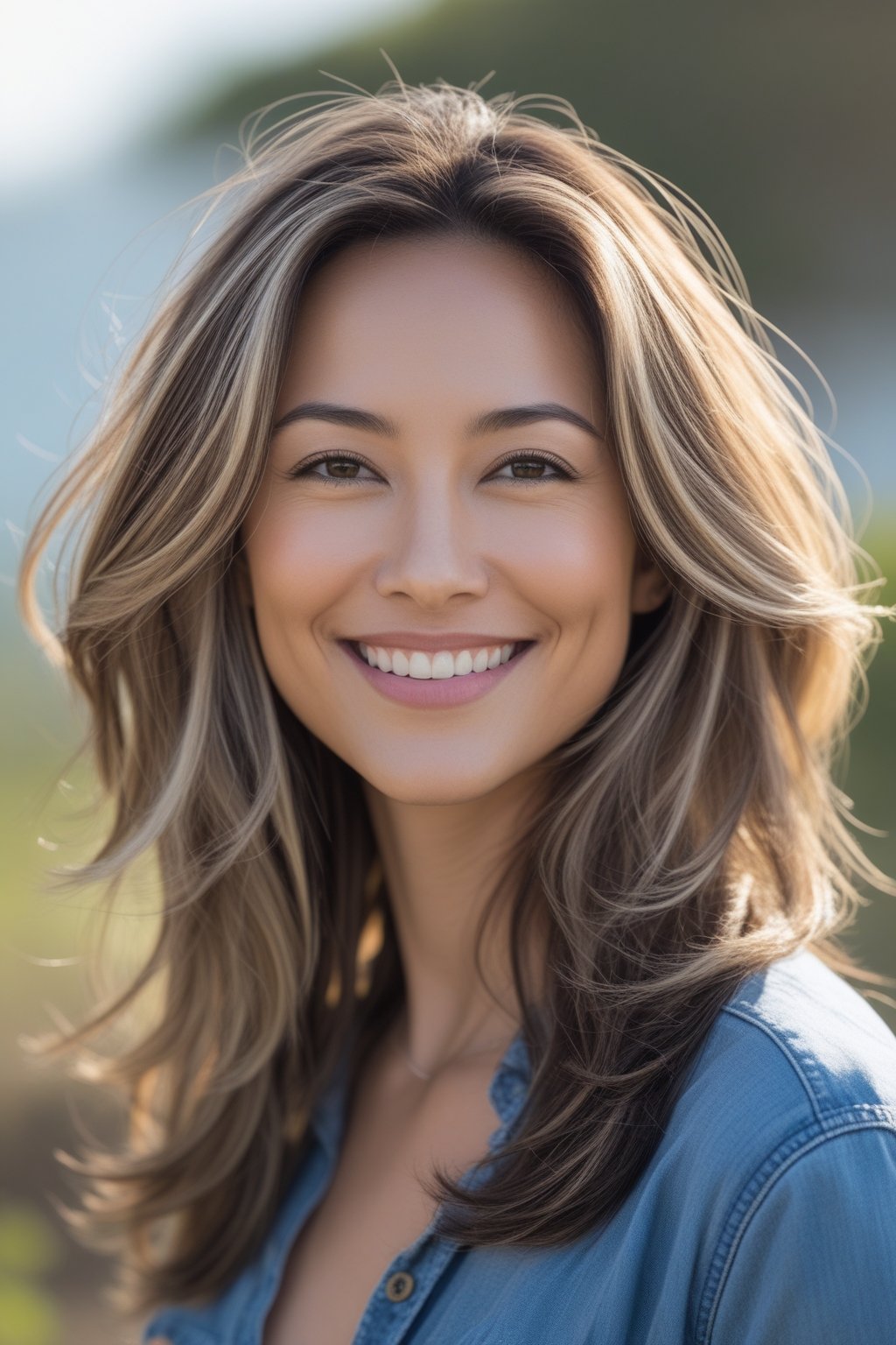 Headshot of a smiling woman with long layered hair and subtle highlights standing outdoors.