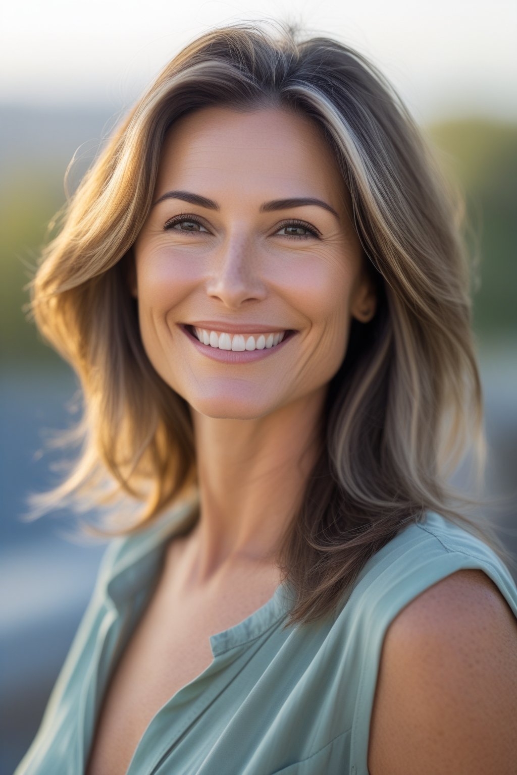 Smiling woman outdoors with long layered hair starting just below the chin.