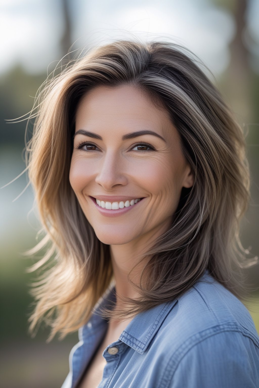 Headshot of a smiling woman outdoors with long layered hair and a natural background.