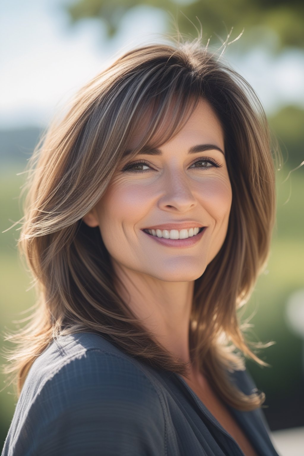 Headshot of a smiling woman outdoors with layered long hair and side-parted bangs.