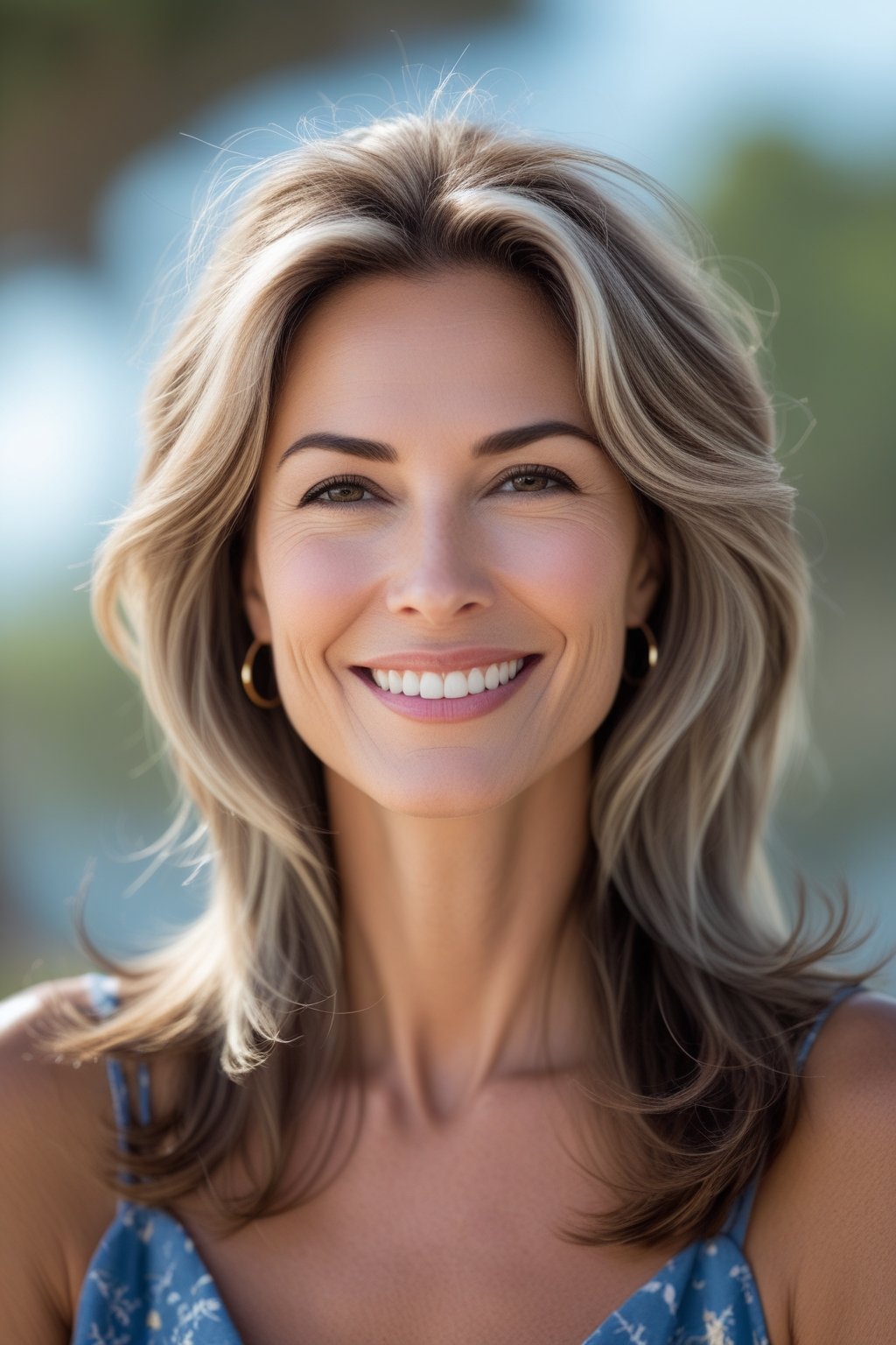 Headshot of a smiling woman outdoors with layered long hair and natural skin tone.