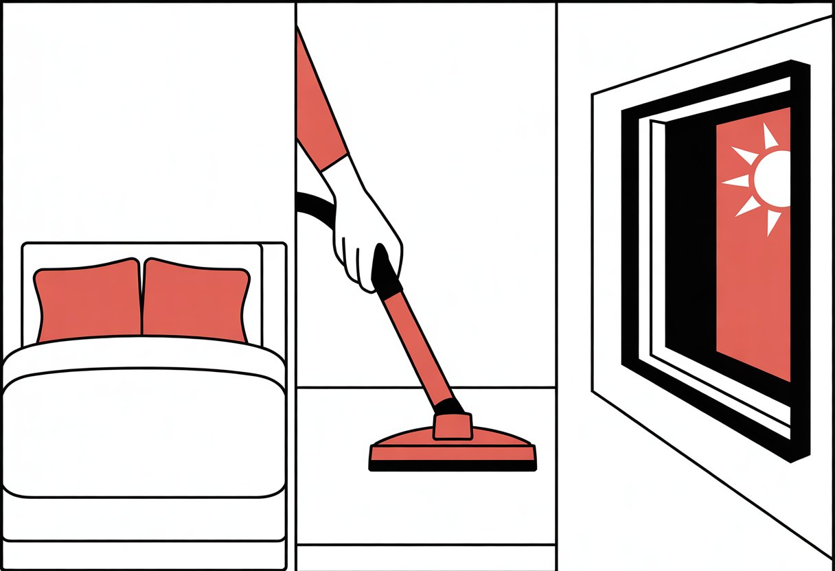 A three-part comic panel showing a clean bed, a hand vacuuming a surface, and a closed window with the sun outside.