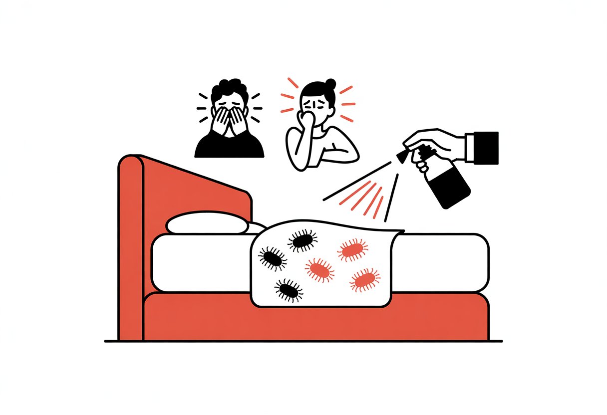 A comic panel showing a person experiencing allergy symptoms near a bed with dust mites, alongside a hand placing a protective cover on the mattress and a spray bottle.