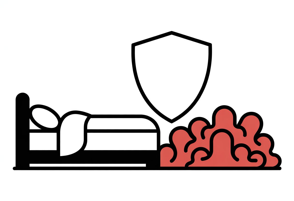 A simple bedroom scene with a bed and pillow, a group of small red dust mites near the pillow, and a black shield symbol between them representing protection.