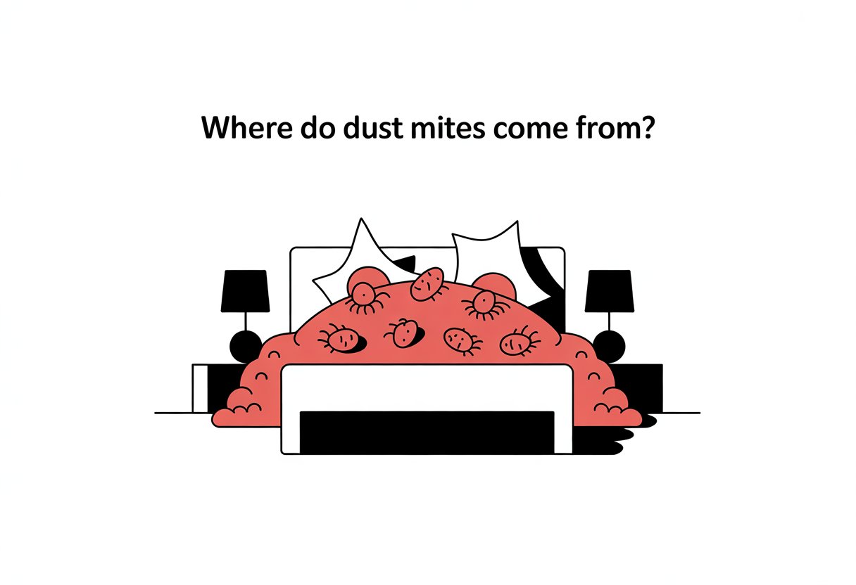 A simple bedroom scene with a bed and pillow showing small red shapes representing dust mites on the pillow.