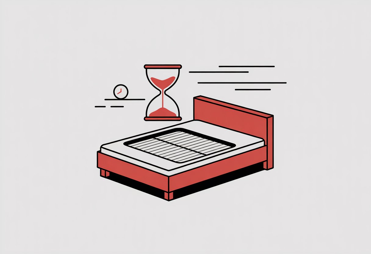 A simple bedroom scene showing a bed with a box spring beneath the mattress, accompanied by symbols representing the passage of time.