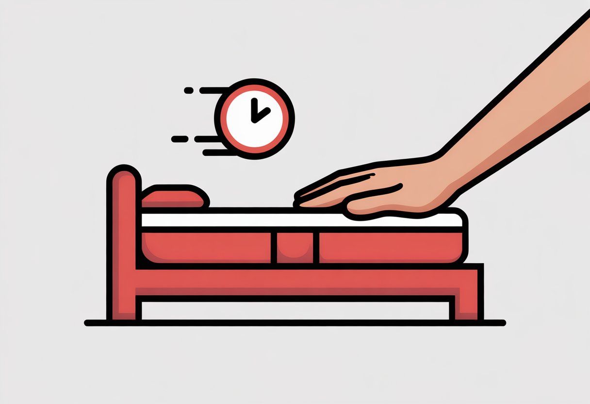 A side view of a memory foam mattress on a bed frame with a hand pressing down on it and a clock icon showing time passing.