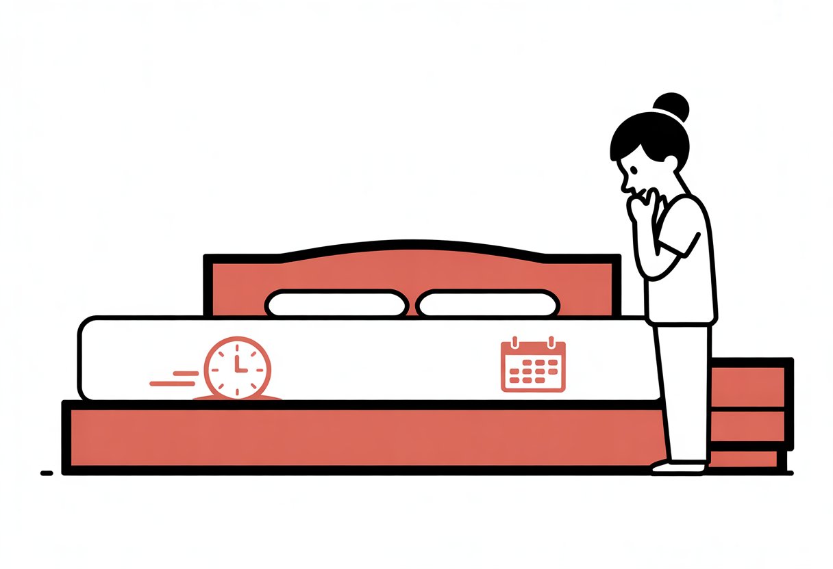 A person stands beside a bed, thoughtfully looking at a memory foam mattress in a simple bedroom.