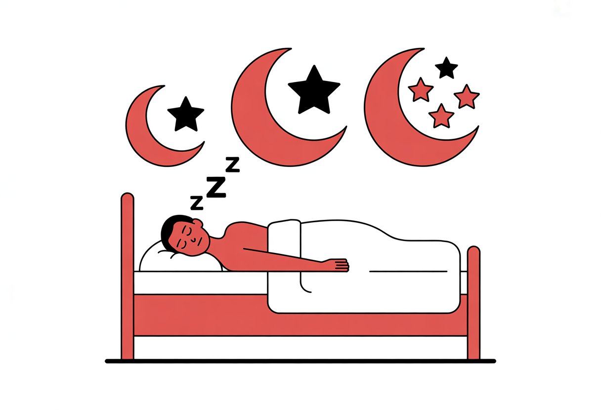 A simple bedroom scene with a person sleeping in a bed and three moon icons above showing different amounts of sleep.