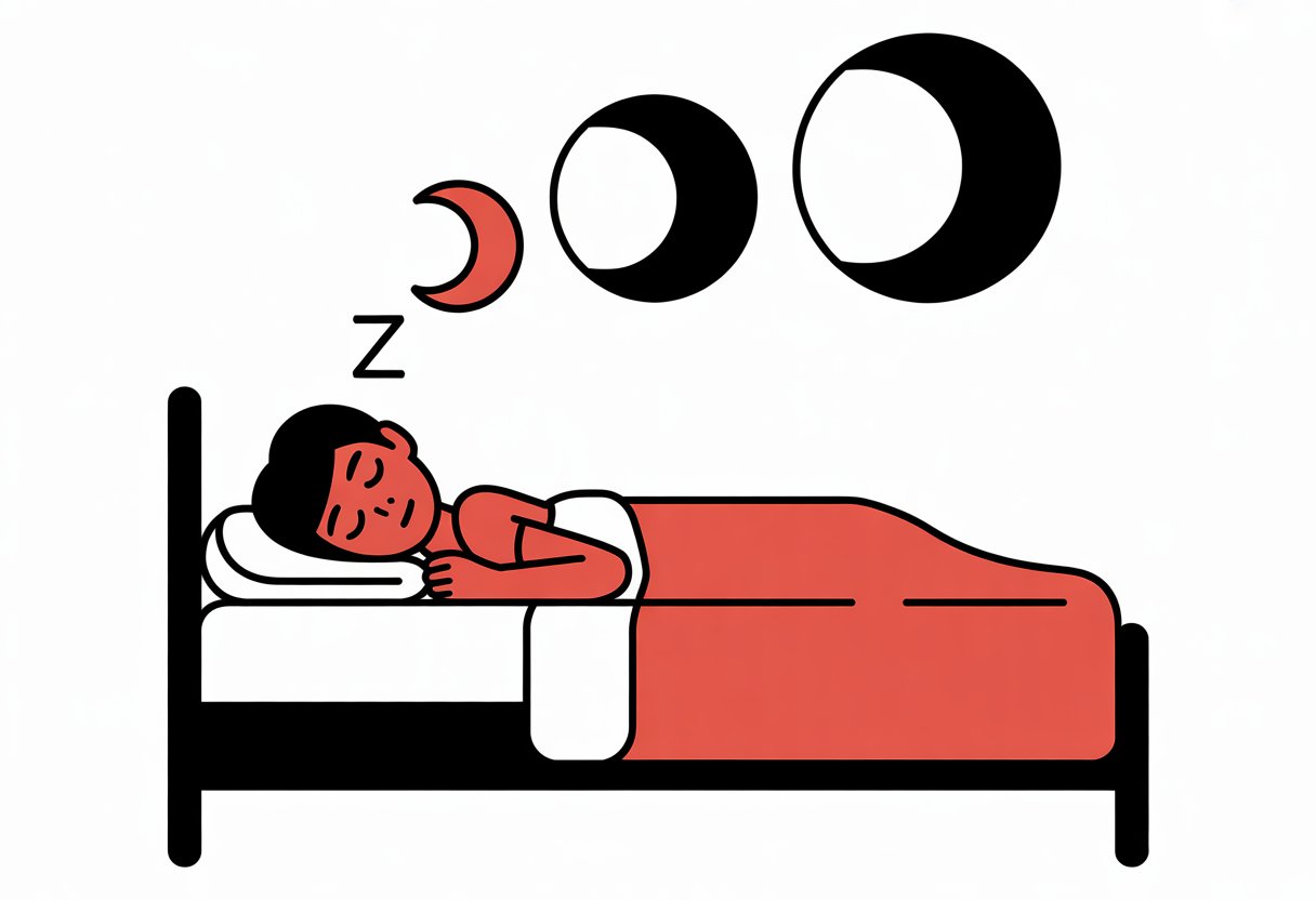 A simple bedroom scene with a person lying in bed, and three crescent moons of different sizes above the bed representing different amounts of sleep.