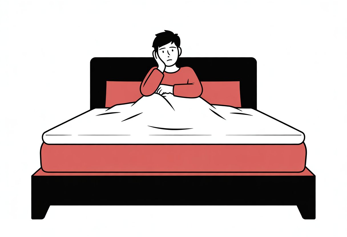 A person sitting on a bed with a visible mattress protector layer in a simple bedroom.