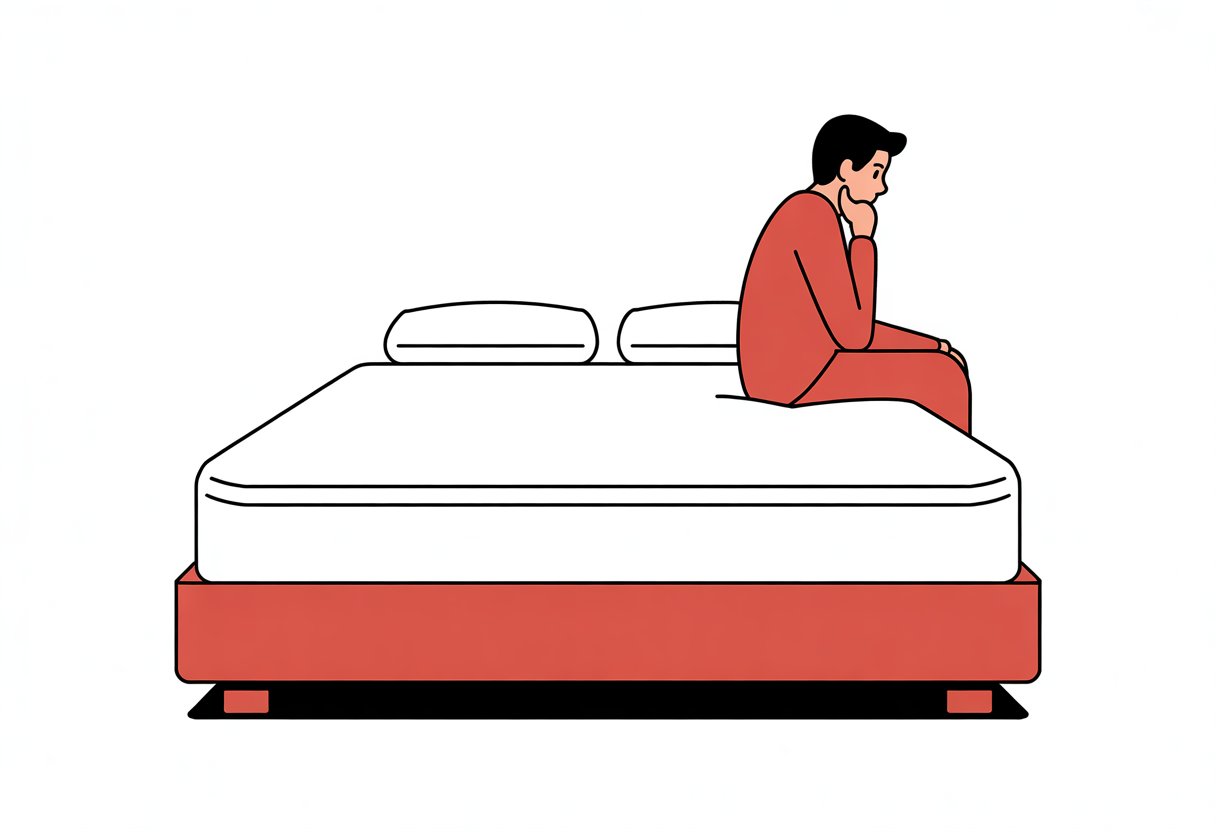 A person sitting on the edge of a bed with a visible mattress protector layer in a simple bedroom scene.