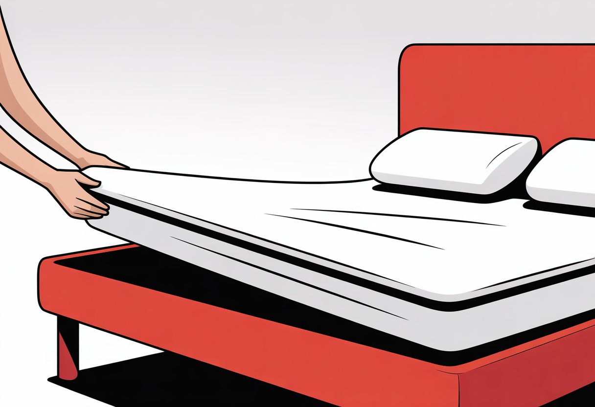 A pair of hands placing a mattress protector smoothly over a bed mattress.
