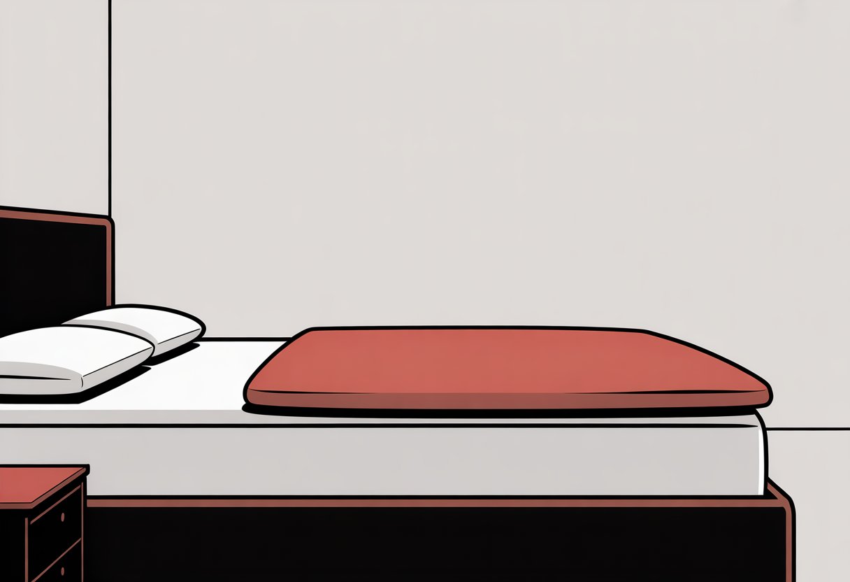 A simple side view of a bed with a mattress protector highlighted in red on the mattress.