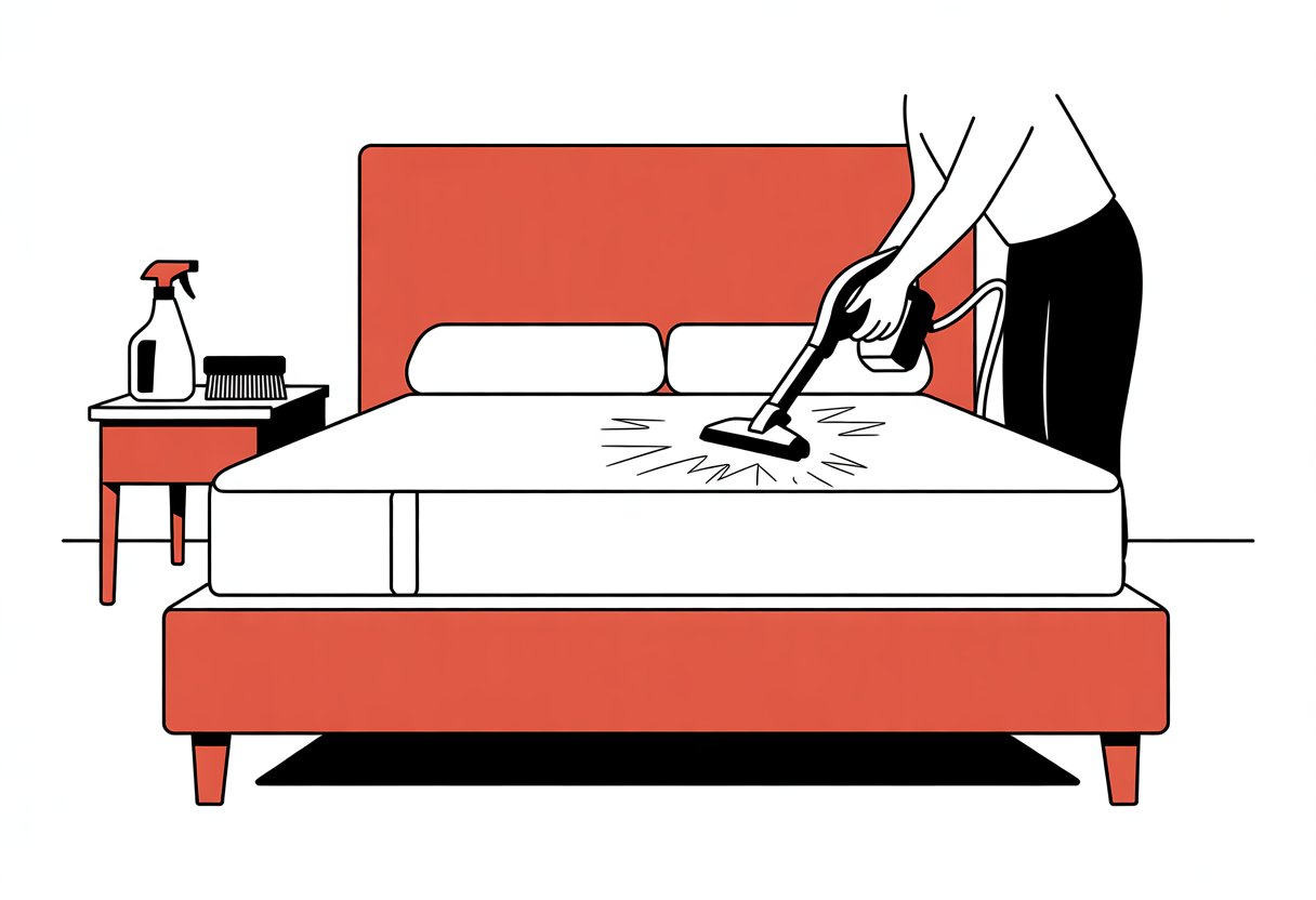 A person vacuuming a mattress with a handheld vacuum cleaner next to a spray bottle and brush on a small table.