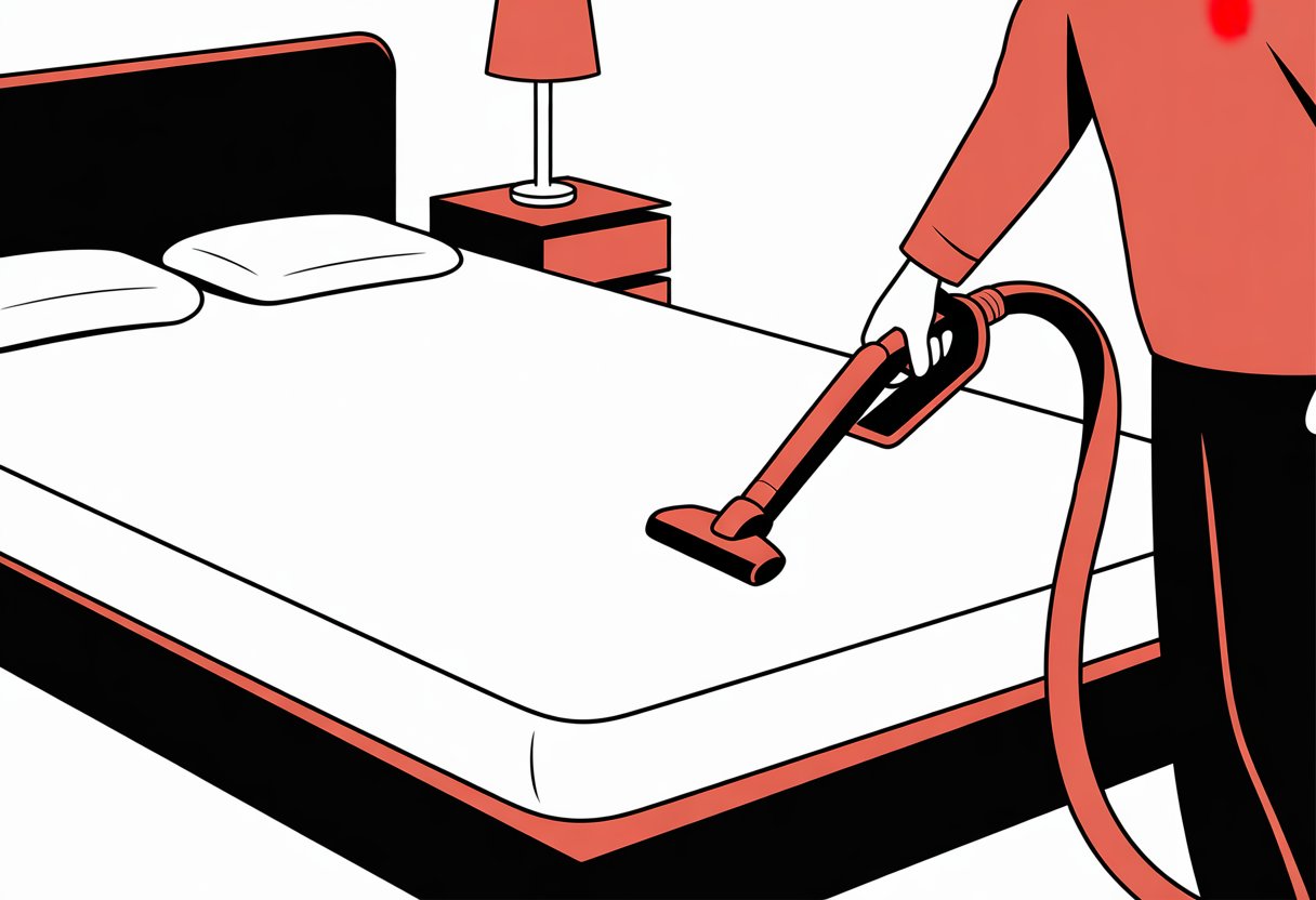 A person vacuuming a mattress in a bedroom.