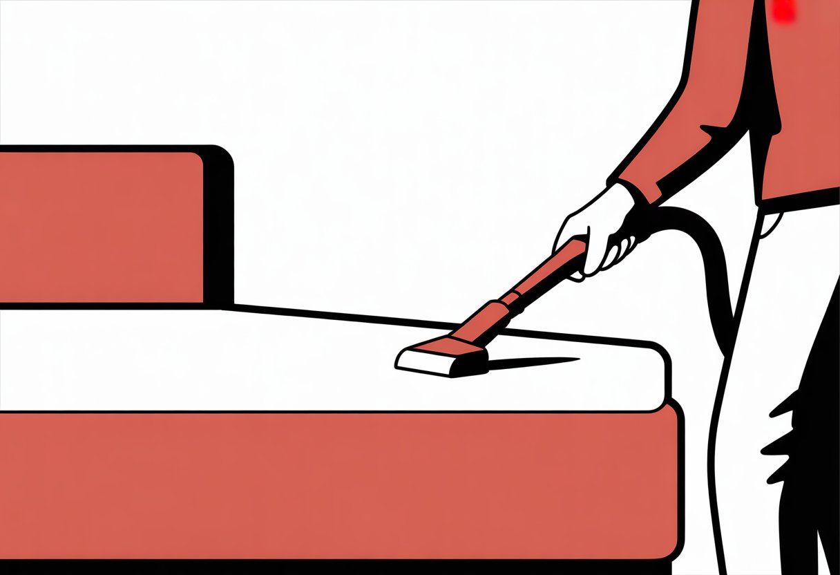A person cleaning a mattress on a bed using a handheld vacuum in a simple bedroom.