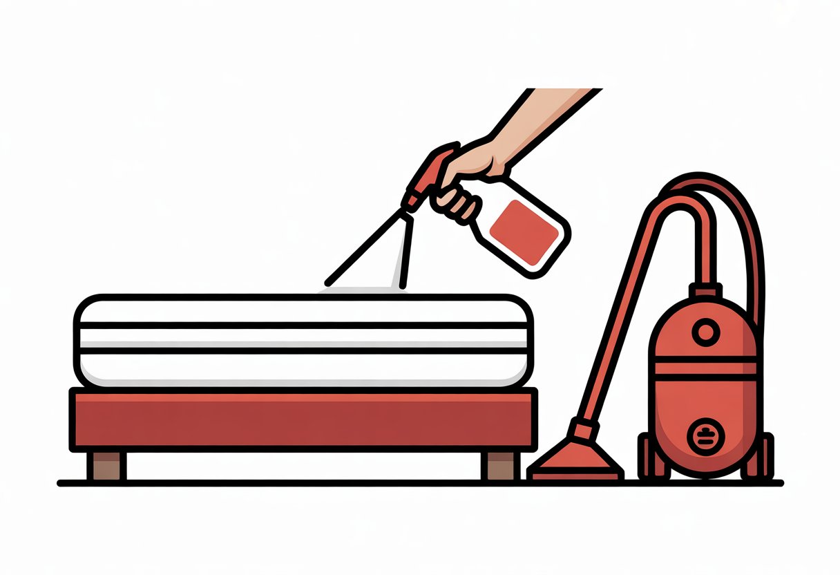 A hand sprays a mattress with a cleaning bottle while a vacuum cleaner stands nearby on a bed frame.