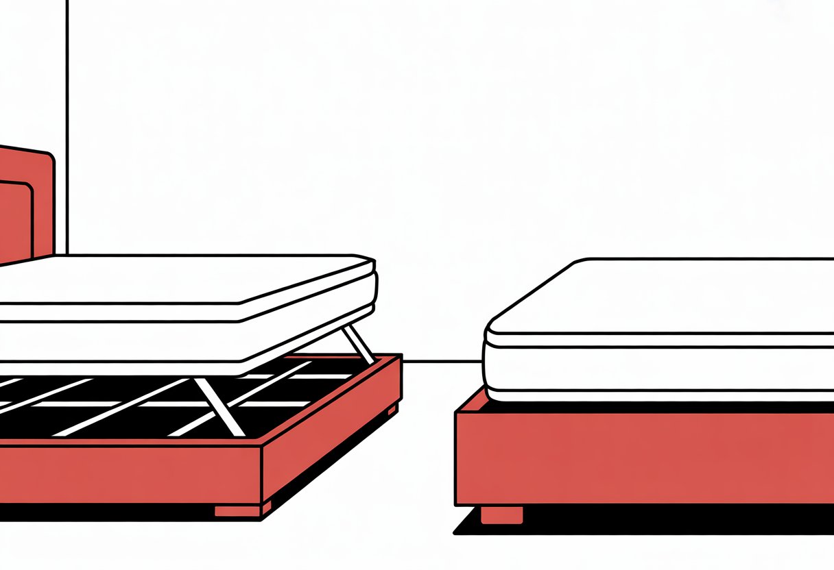 A simple illustration showing two mattresses side by side: one on a box spring base and one on a platform bed without a box spring.