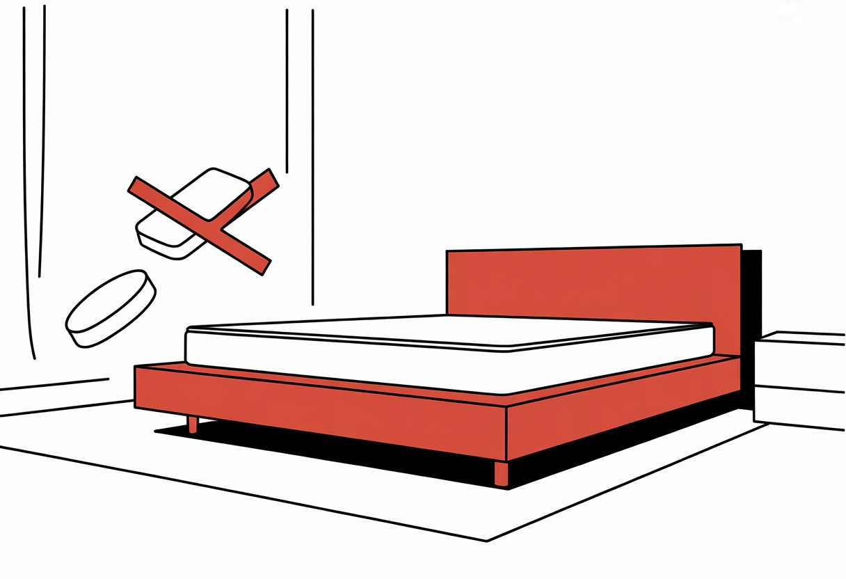 A simple bedroom scene showing a mattress placed directly on a platform bed frame without a box spring.