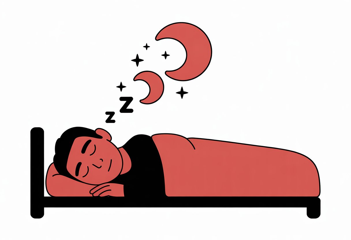 A person sleeping peacefully in bed with crescent moons and stars above their head representing deep sleep.
