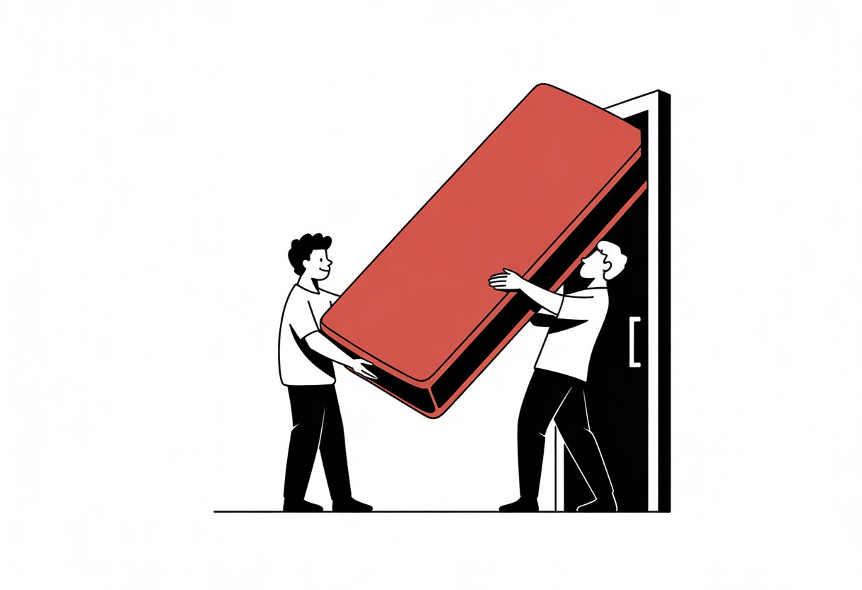 Two people exchanging a mattress at a doorway.