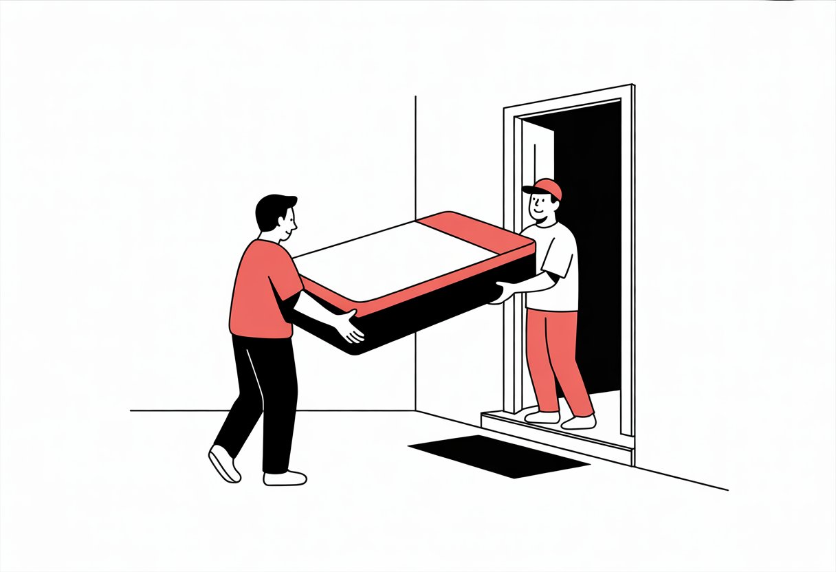 A person handing a mattress box to a delivery person at a front door.