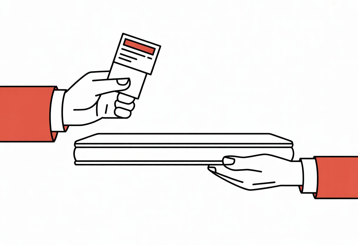 A simple illustration showing two hands exchanging a mattress with a receipt, symbolizing mattress returns or exchanges.