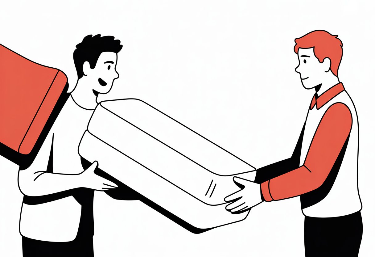 Two people exchanging a mattress, with one handing it over to the other in a simple, clear scene.