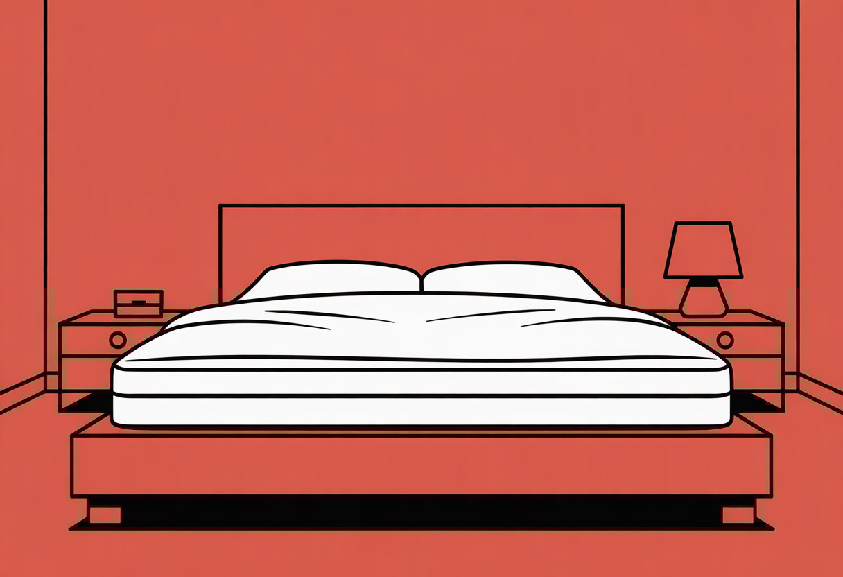 A simple bedroom scene showing a bed with a mattress and box spring, a bedside table with a lamp, and a plain wall in the background.