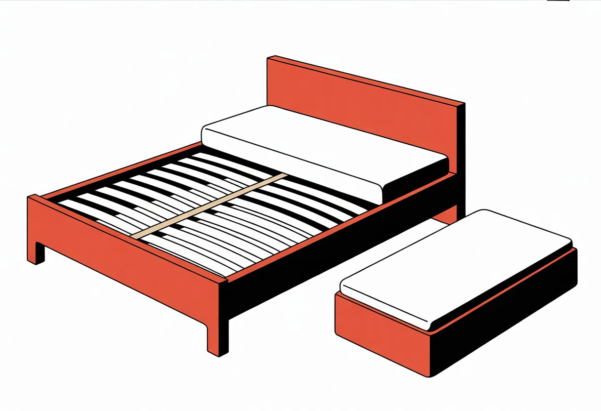 A side view of a bed with wooden slats supporting a mattress, next to a separate box spring on the floor.