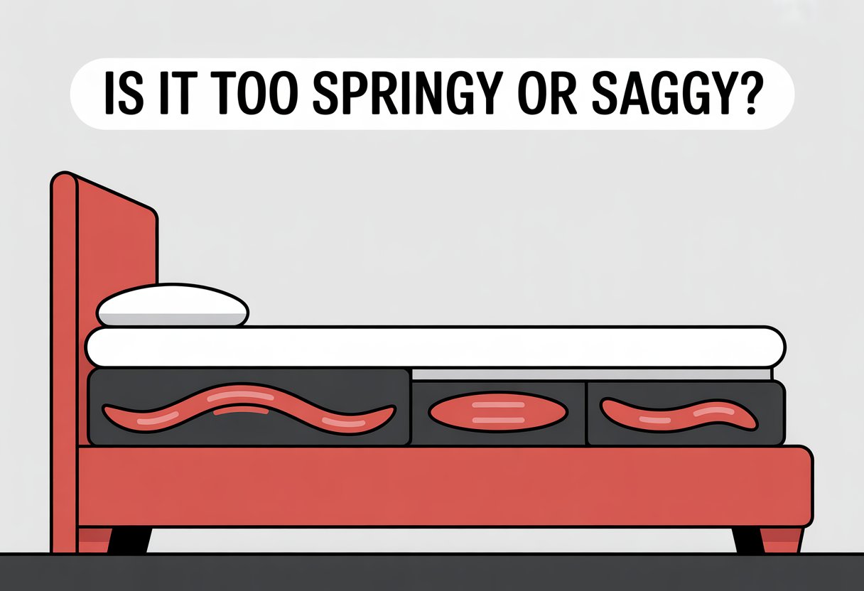 Side view of a bed showing a mattress on top of a box spring that is sagging on one side and springy on the other.
