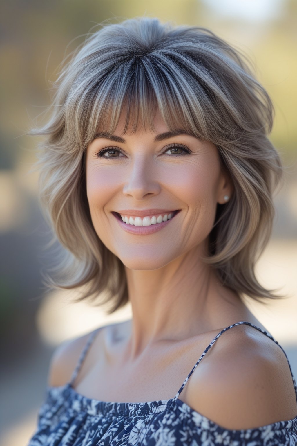 Smiling woman outdoors with feathered layered hair and bangs in a close-up headshot.