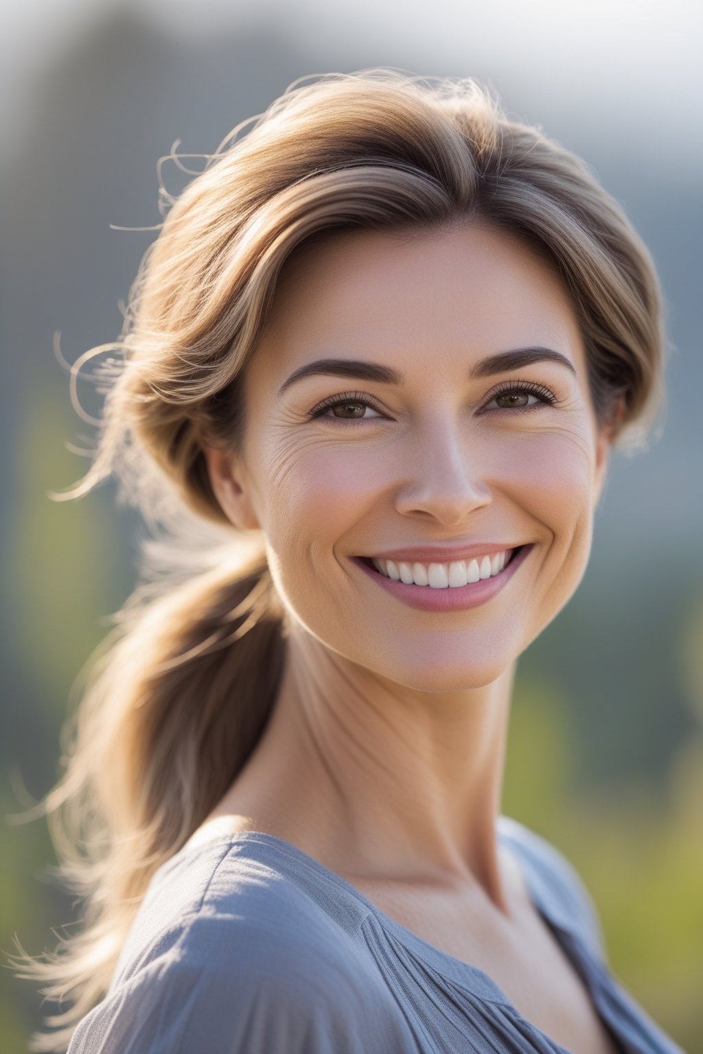 Headshot of a smiling woman with an elegant low ponytail outdoors.