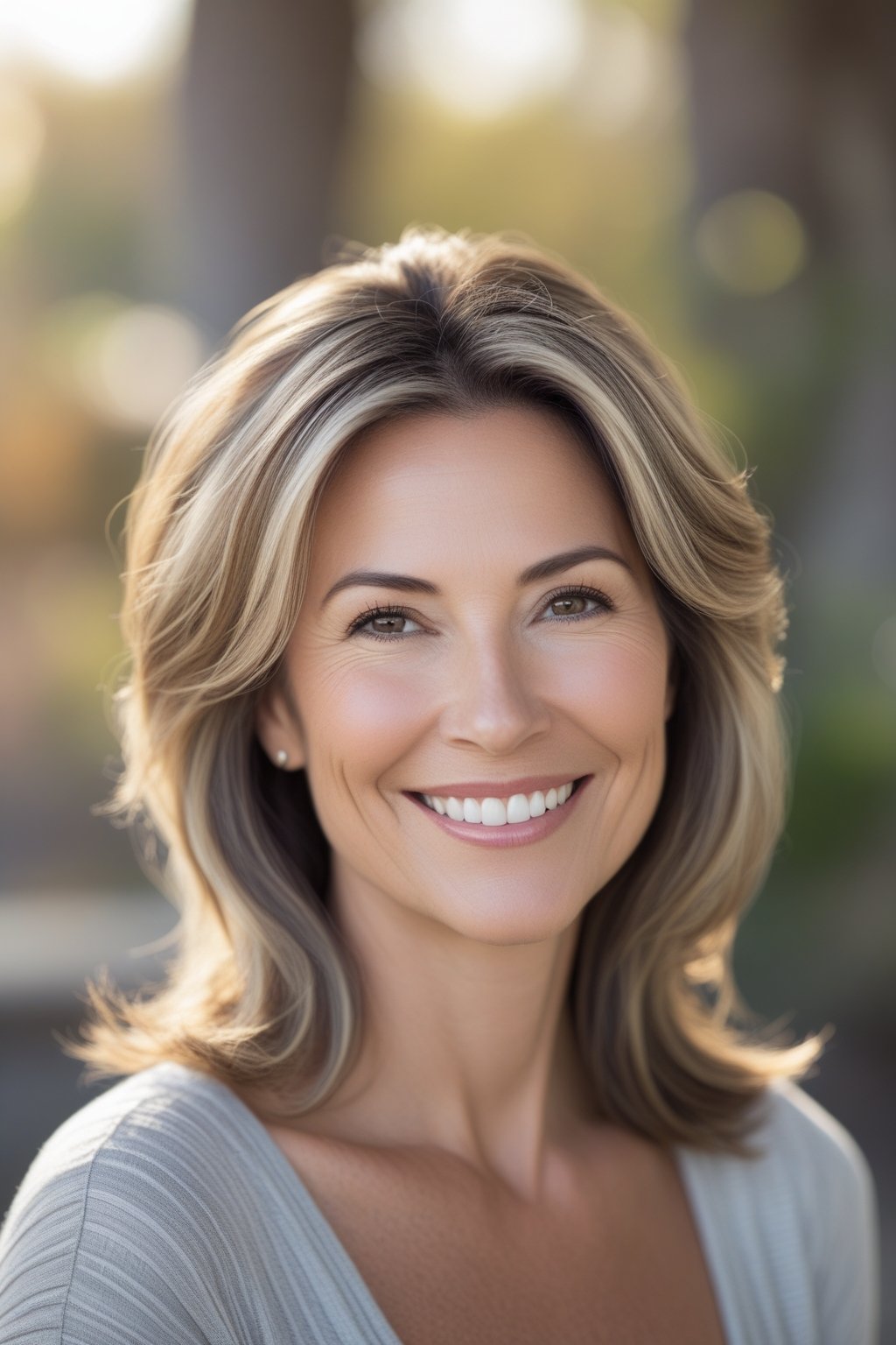 Headshot of a smiling woman with highlighted hair outdoors against a blurred natural background.